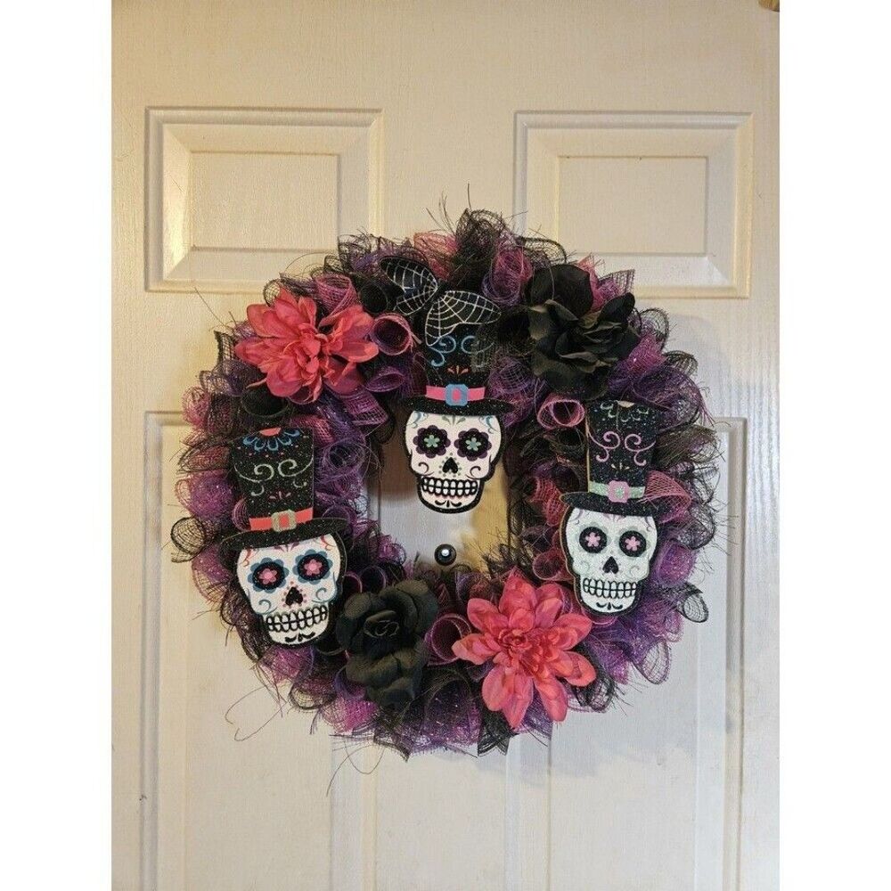 Halloween Skull Wreath 18" Gothic Door Decor Pink & Black